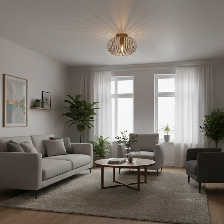 De gouden Curvato plafondlamp voegt een moderne glans toe aan je interieur.