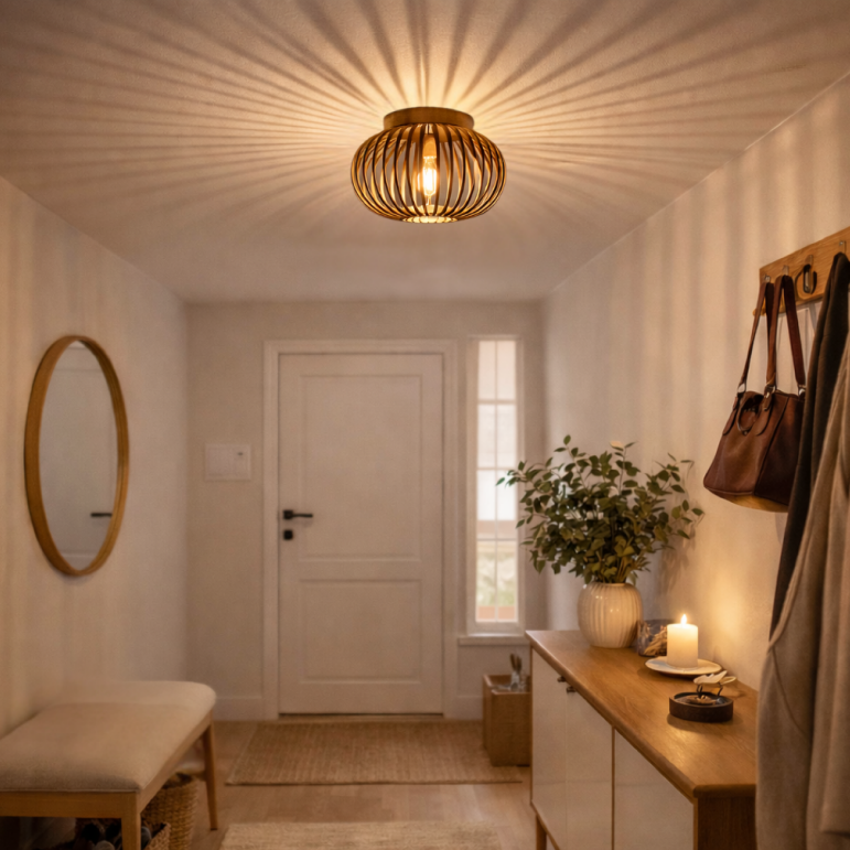 Gedetailleerde opname van de gouden Curvato plafondlamp. Deze moderne lamp voegt een luxe uitstraling toe aan elke ruimte.