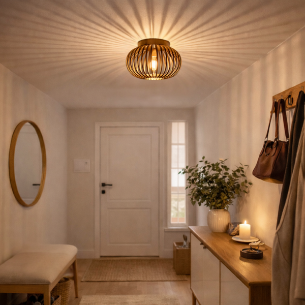 Gedetailleerde opname van de gouden Curvato plafondlamp. Deze moderne lamp voegt een luxe uitstraling toe aan elke ruimte.
