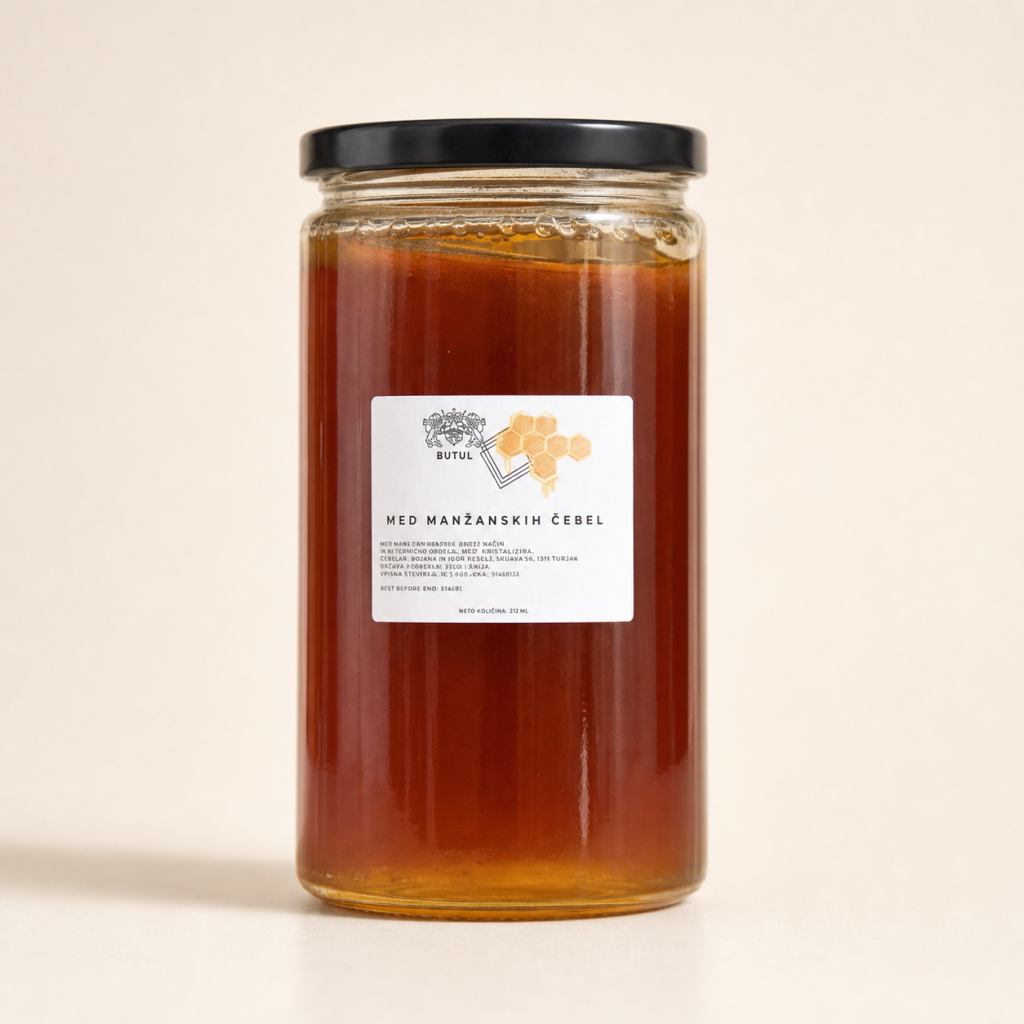 Cvetlični med manžanskih čebel Butul 212 ml z izvirno etiketo – studijska fotografija