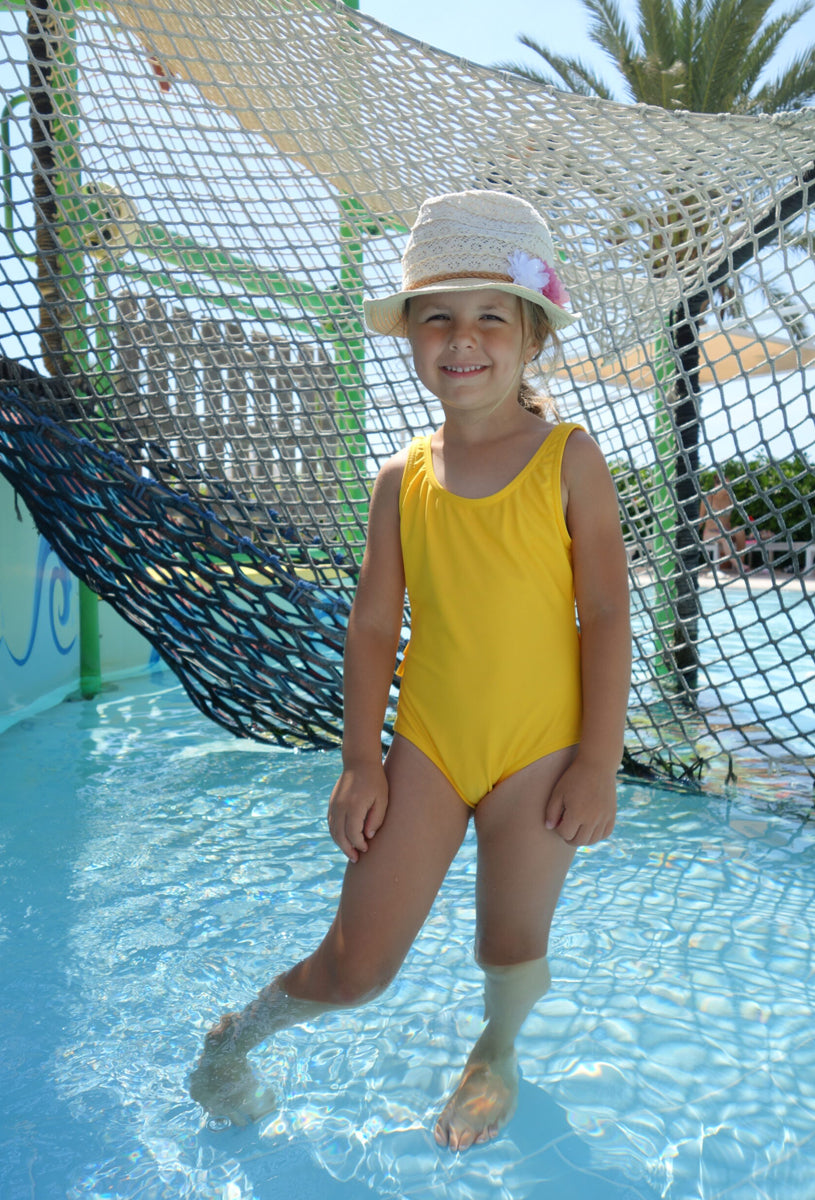 Girls' Full Ruffled Swimsuit IKAB Solid Yellow