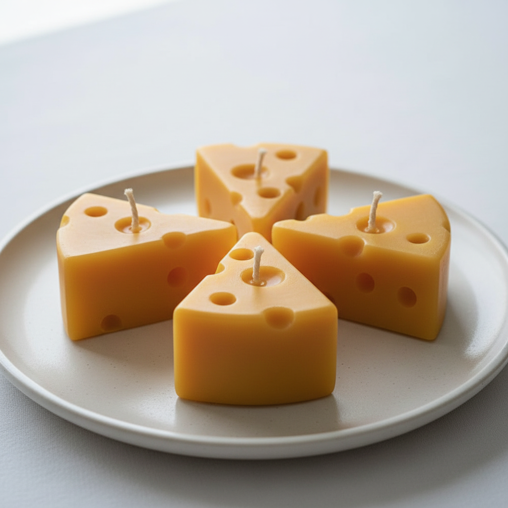 Four beeswax cheese-shaped candles arranged as half wheel