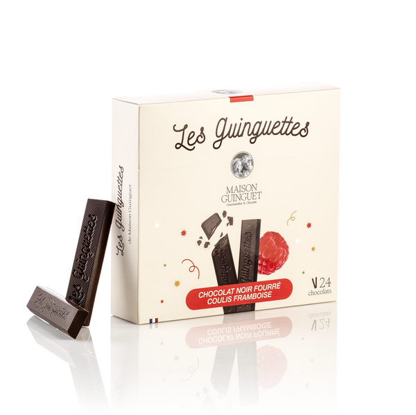 DARK CHOCOLATE FILLED GUINGUETTES WITH RASPBERRY SAUCE