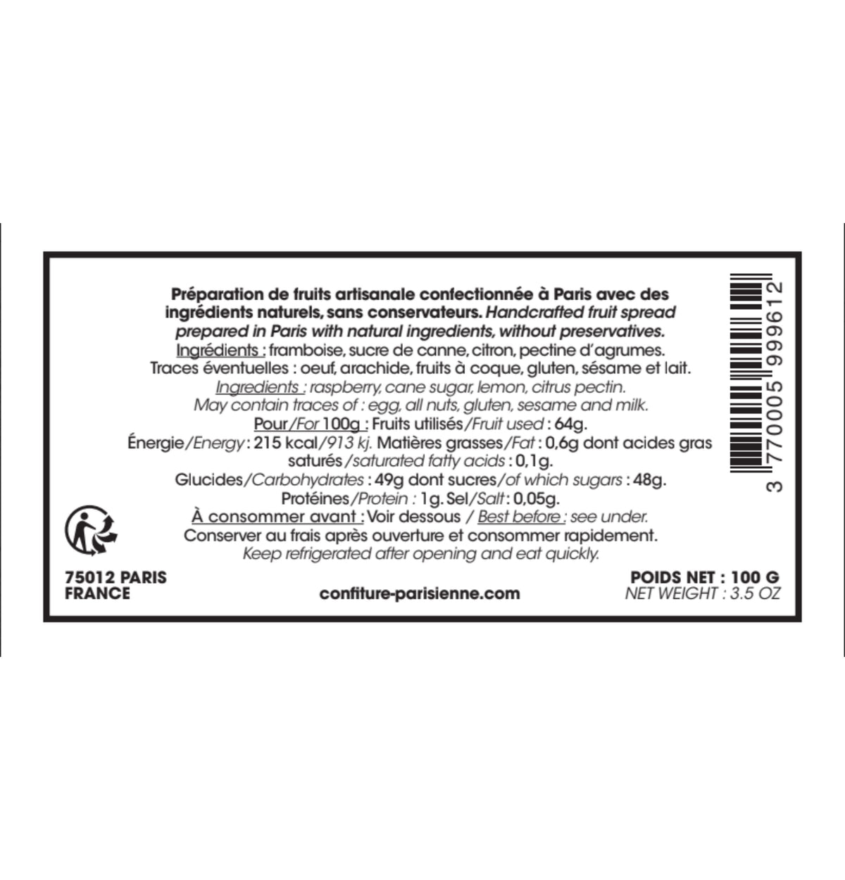 Étiquette de dos d'un pot de 100 g de confiture de framboise : ingrédients, valeurs nutritionnelles et code-barres
