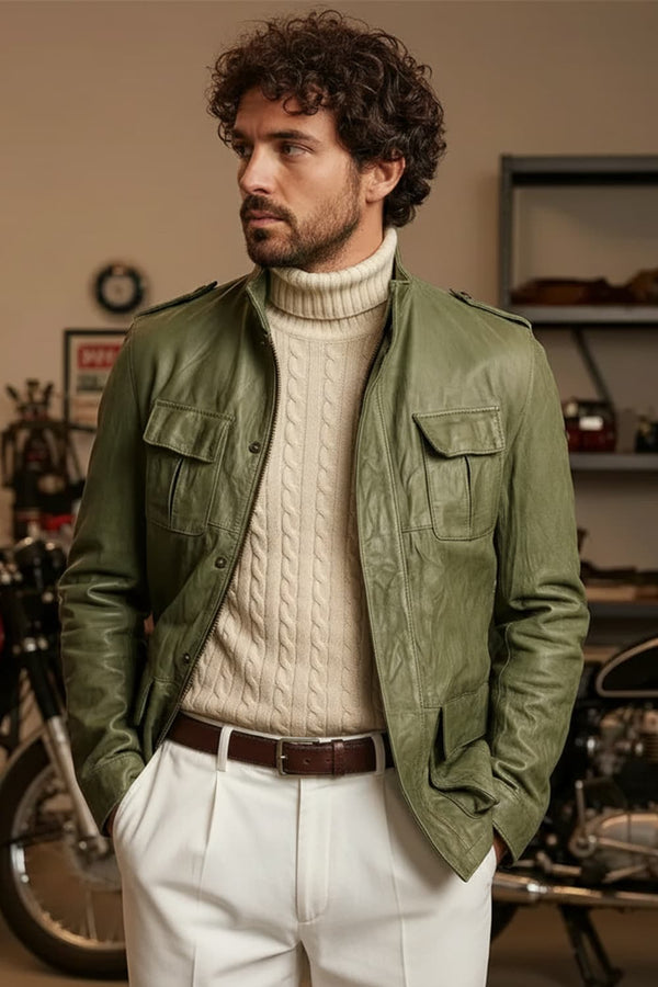 Francesco Sahariana Vintage Verde giacca uomo 100% vera pelle Made in Italy - Barone Firenze 