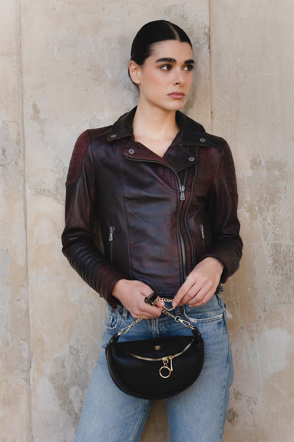 Gaia Bike Flame giacca donna e Marsupio Bea Nero 100% vera pelle Made in Italy - Barone Firenze