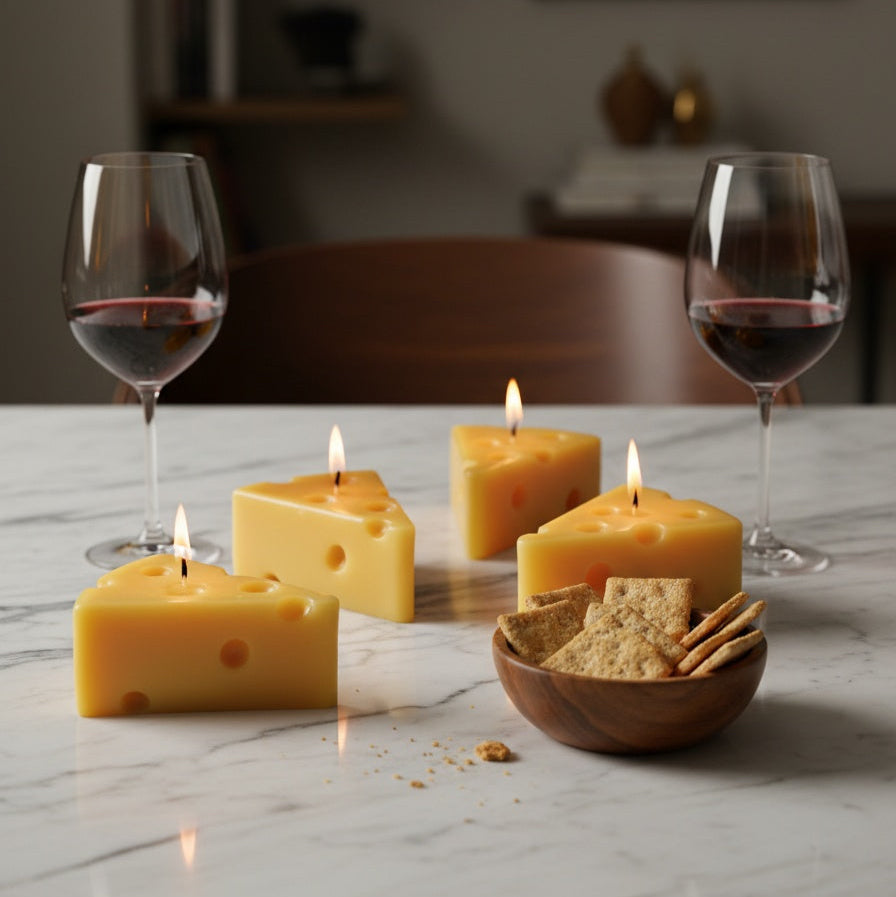 Cheese-shaped candles with crackers and wine glasses on a marble surface