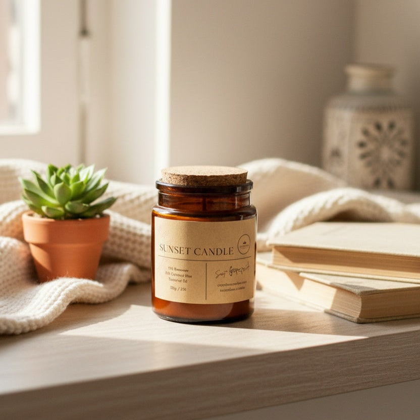 Sunset Candle in amber glass jar with crackling wooden wick. Beeswax & Coconut wax - CocoBee.