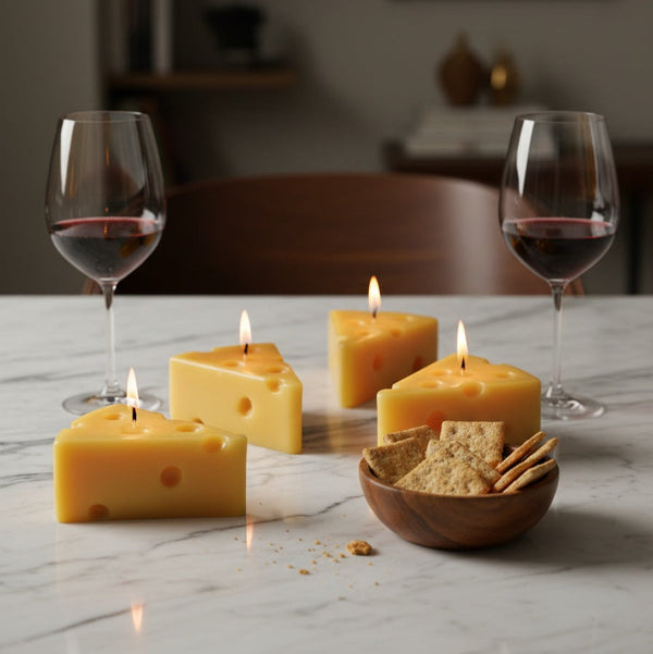 CocoBee cheese candle styled on marble board with crackers and wine – novelty beeswax candle