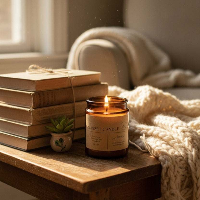 Sunset Candle in amber glass jar with crackling wooden wick. Beeswax & Coconut wax - CocoBee.