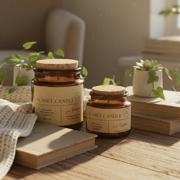 Sunset Candle in amber glass jar with crackling wooden wick. Beeswax & Coconut wax - CocoBee.