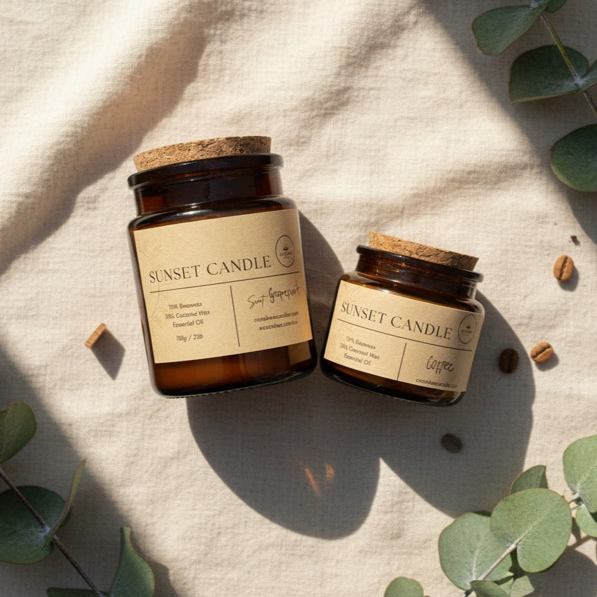 Sunset Candles in amber glass jars with crackling wooden wicks. Beeswax & Coconut Wax.