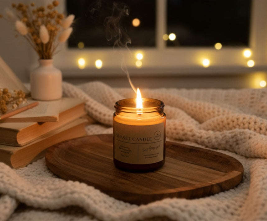 Sunset Candle in amber glass jar with crackling wooden wick. Beeswax & Coconut wax - CocoBee.
