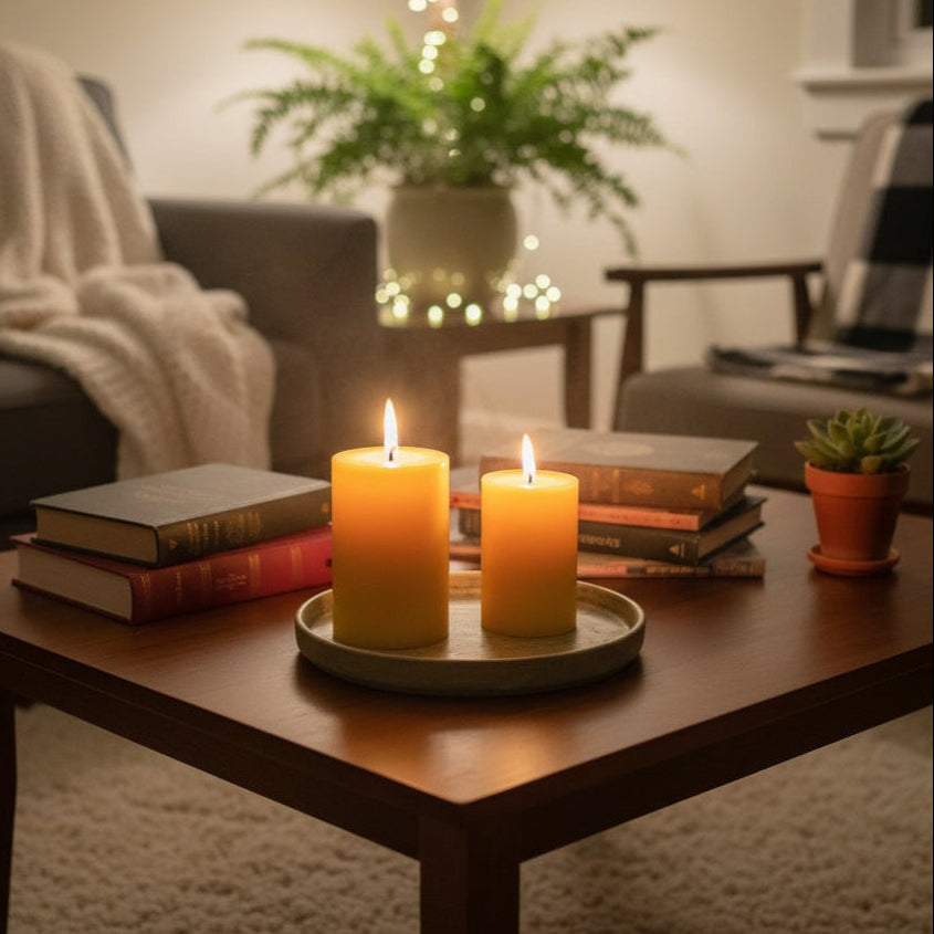 Two lit candles on a wooden table with books and a plant in the background. Beeswax pillar candles - CocoBee.