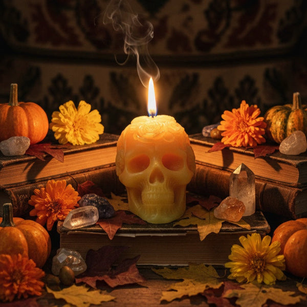 Skull-shaped candle, día de muertos candle
