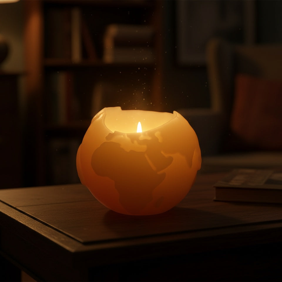 Candle in a globe-shaped holder on a wooden surface with a blurred background