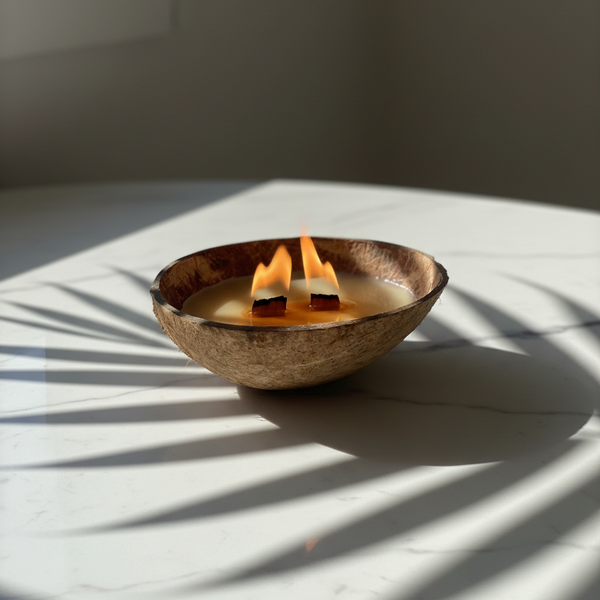 Wood wick scented candle in a coconut shell.  Beeswax & Coconut Wax - CocoBee.