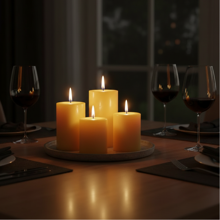 Candlelit dinner setting with wine glasses on a dark background. Beeswax pillar candles - CocoBee.