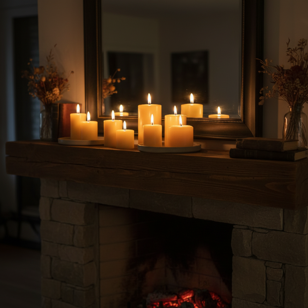 Candles on a fireplace mantle with a mirror reflecting the candles. Beeswax pillar candles - CocoBee.