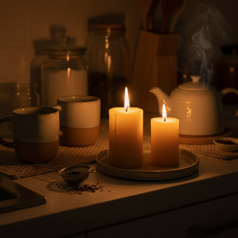 Candlelit scene with mugs, jars, and a teapot on a table. Beeswax pillar candles - CocoBee.