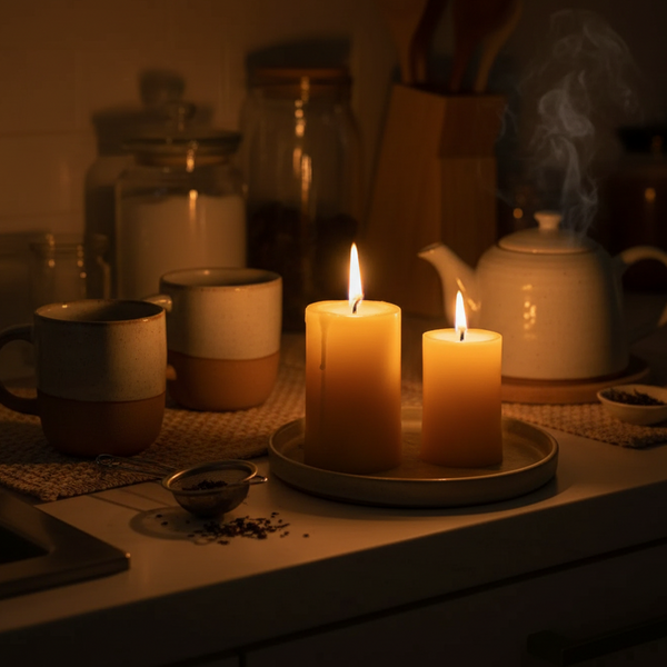 Candlelit scene with mugs, jars, and a teapot on a table. Beeswax pillar candles - CocoBee.