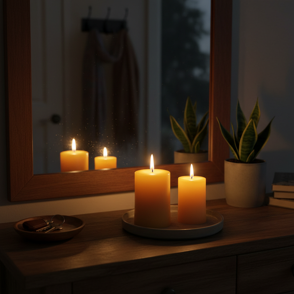 Candles on a wooden surface with a mirror reflecting plants in a dimly lit room. Beeswax pillar candles - CocoBee.