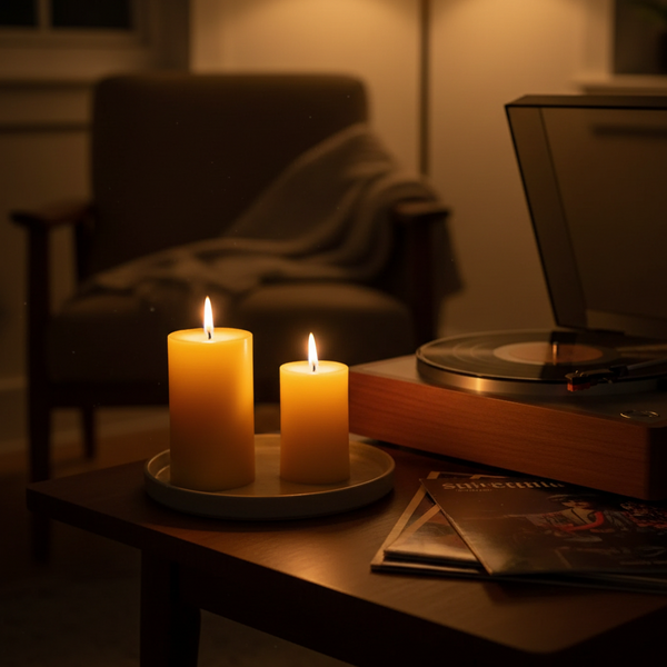 Candlelit scene with a record player and magazine on a table in a dimly lit room. Beeswax pillar candles - CocoBee.