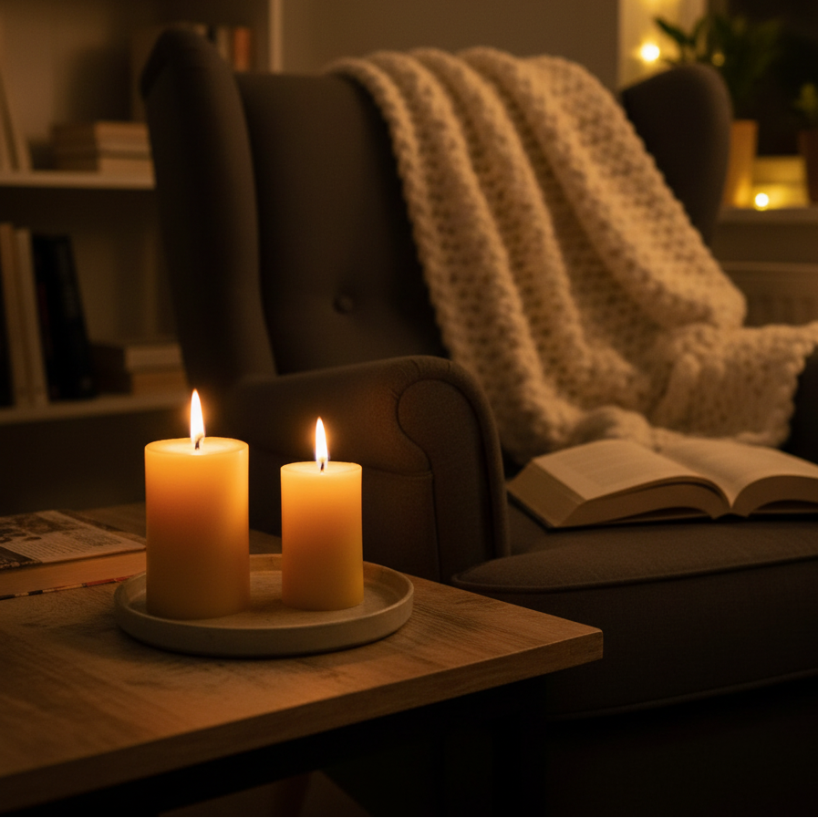 Two lit candles on a small table next to a cozy armchair with an open book. Beeswax pillar candles - CocoBee.