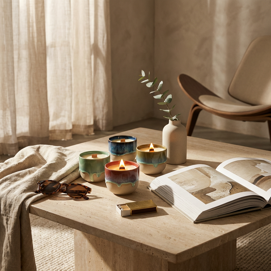 CocoBee Four Tides ceramic candles beside an open book