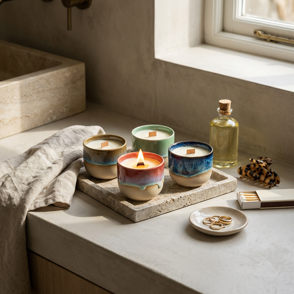 Ceramic candles with colorful tinsel on a stone surface near a window.