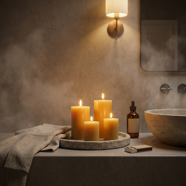 Lit beeswax pillar candles from the CocoBee Pillars Ritual Set