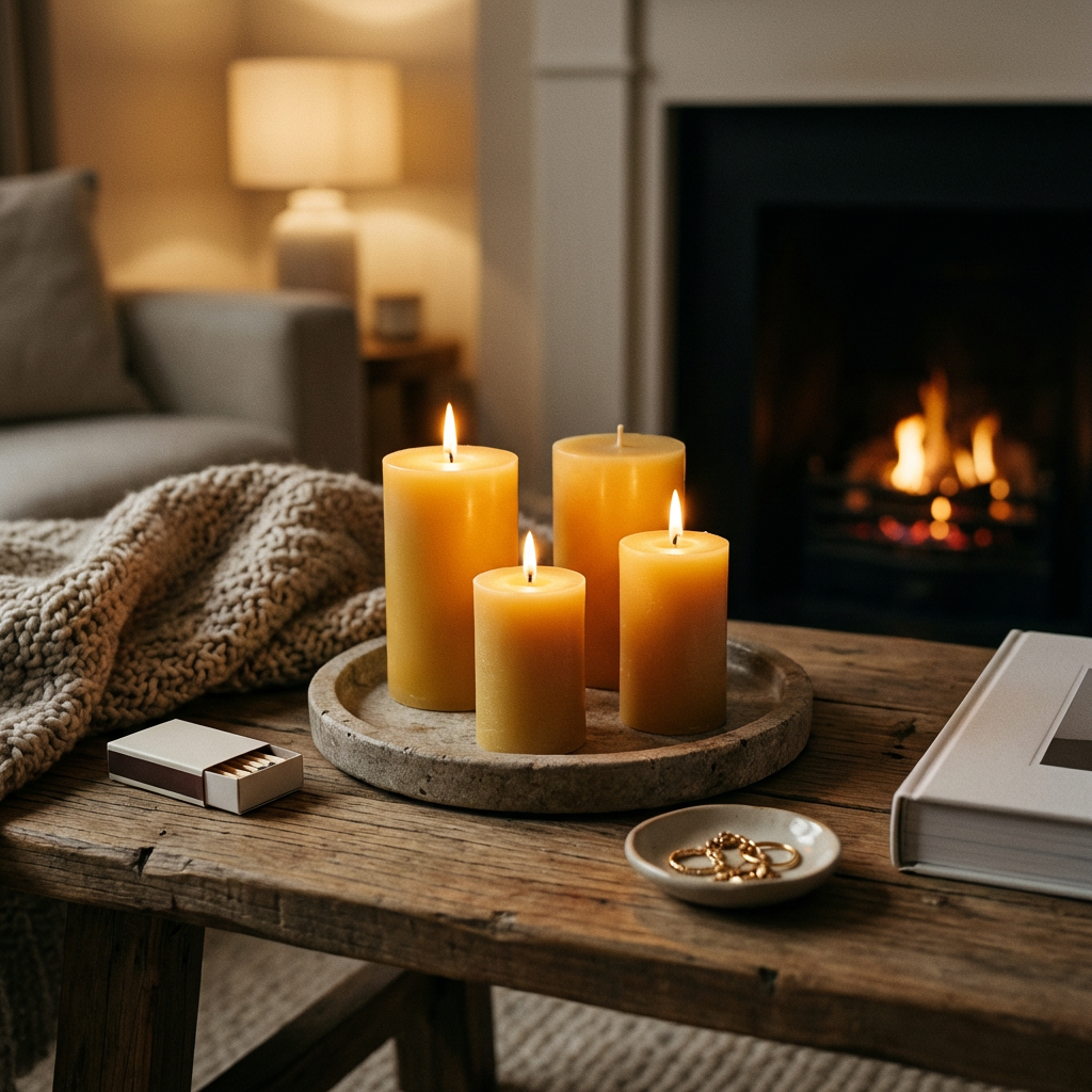 CocoBee beeswax pillar candle set styled in a calm interior