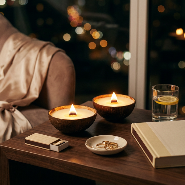 Evening candle ritual with a book, drink and snacks