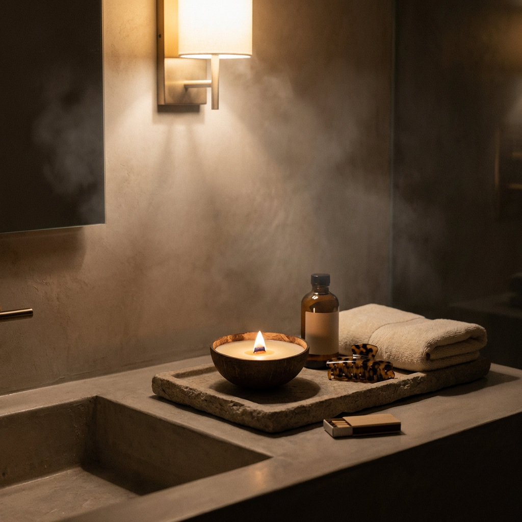 CocoBee coconut shell candle styled in a calm home setting
