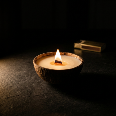 Handcrafted CocoBee coconut shell candle with wooden wick