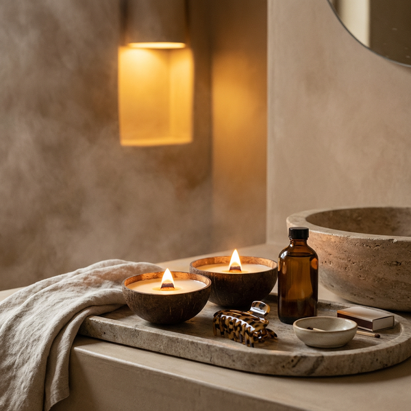 CocoBee Evening Ritual candle set in a warm nighttime setting
