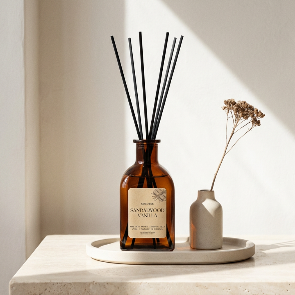 A sandalwood vanilla diffuser bottle on a marble surface with a small vase and dried flowers.