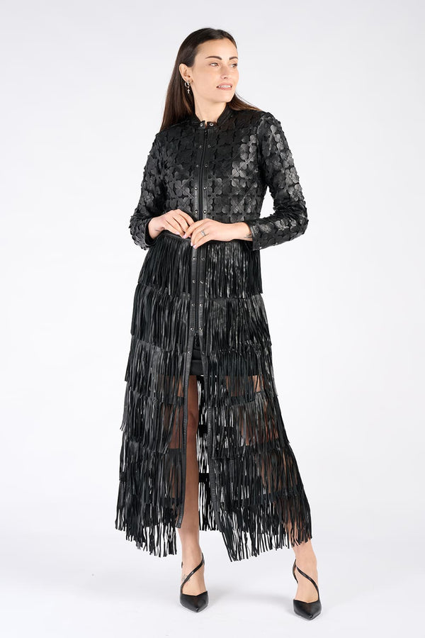 Giacca Fiori e Frange Lunga donna 100% vera pelle Made in Italy - Barone Firenze