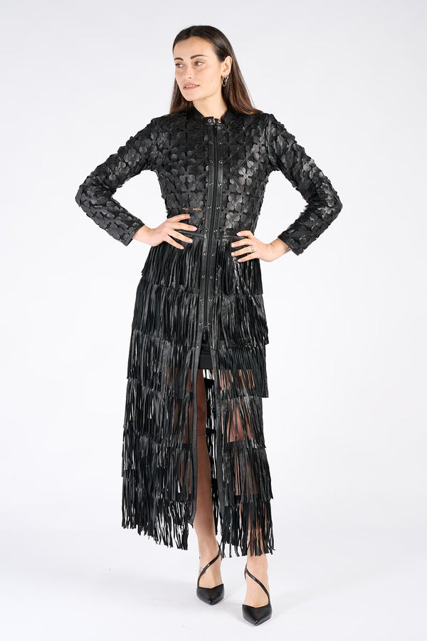 Giacca Fiori e Frange Lunga donna 100% vera pelle Made in Italy - Barone Firenze