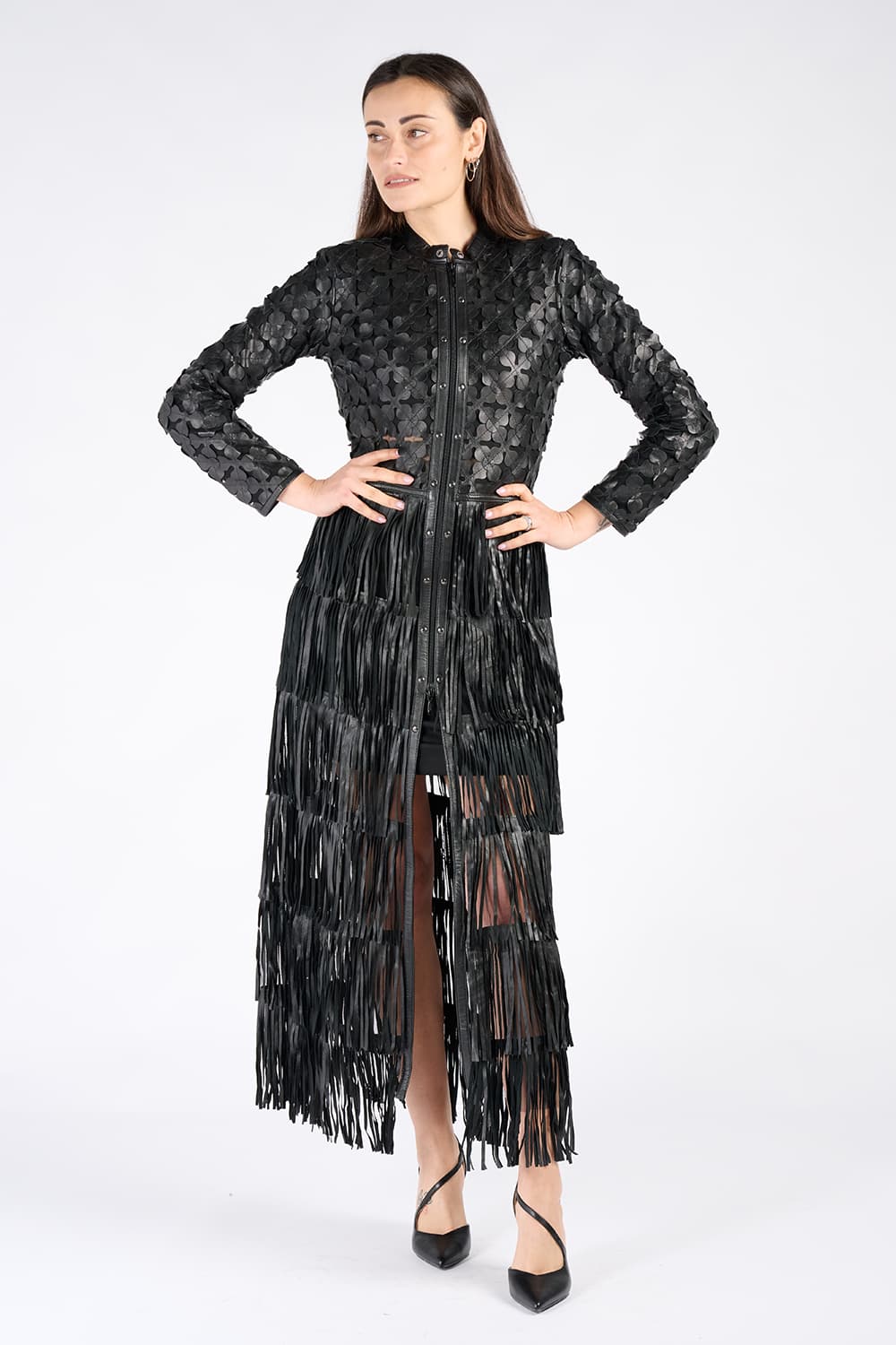 Giacca Fiori e Frange Lunga donna 100% vera pelle Made in Italy - Barone Firenze