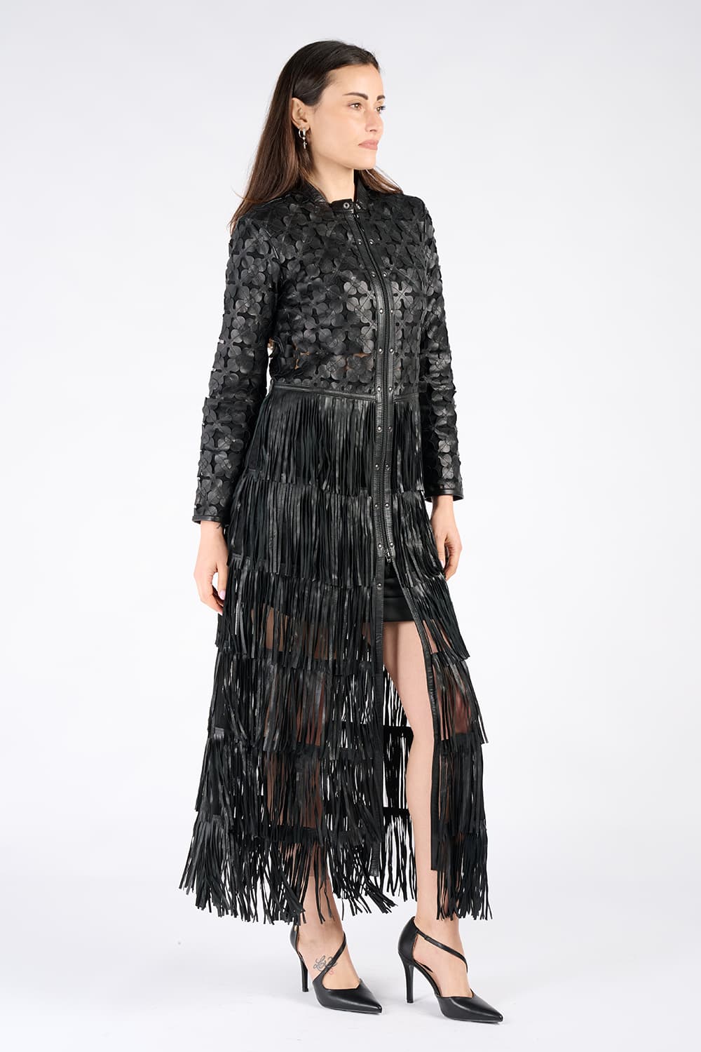 Giacca Fiori e Frange Lunga donna 100% vera pelle Made in Italy - Barone Firenze