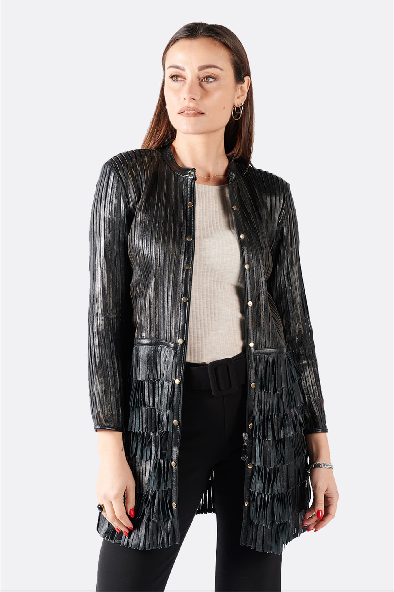 Giacca Frange Borchie e Zip donna 100% vera pelle Made in Italy- Barone Firenze