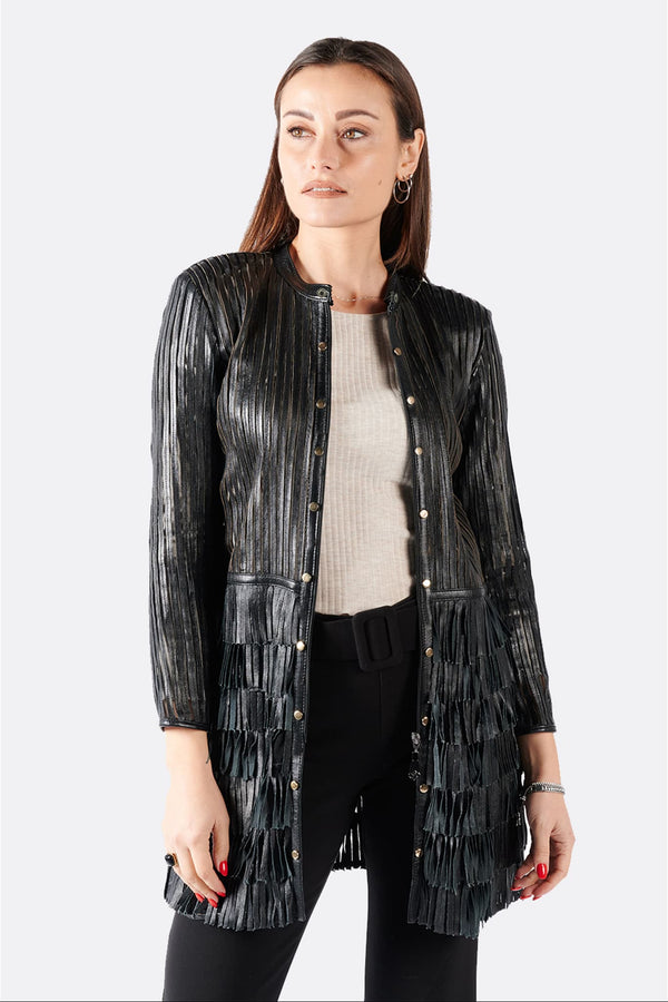 Giacca Frange Borchie e Zip donna 100% vera pelle Made in Italy- Barone Firenze