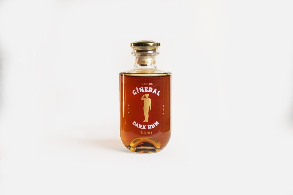 Bottle of gin with amber liquid and a gold cap, label reads 'General Dark Run' against a white background.