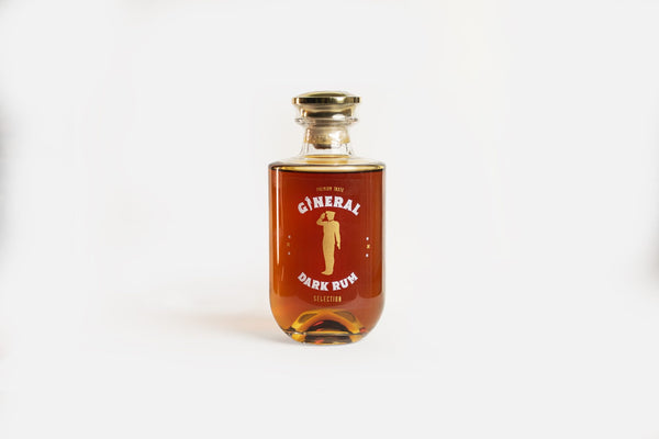 Bottle of gin with amber liquid and a gold cap, label reads 'General Dark Run' against a white background.