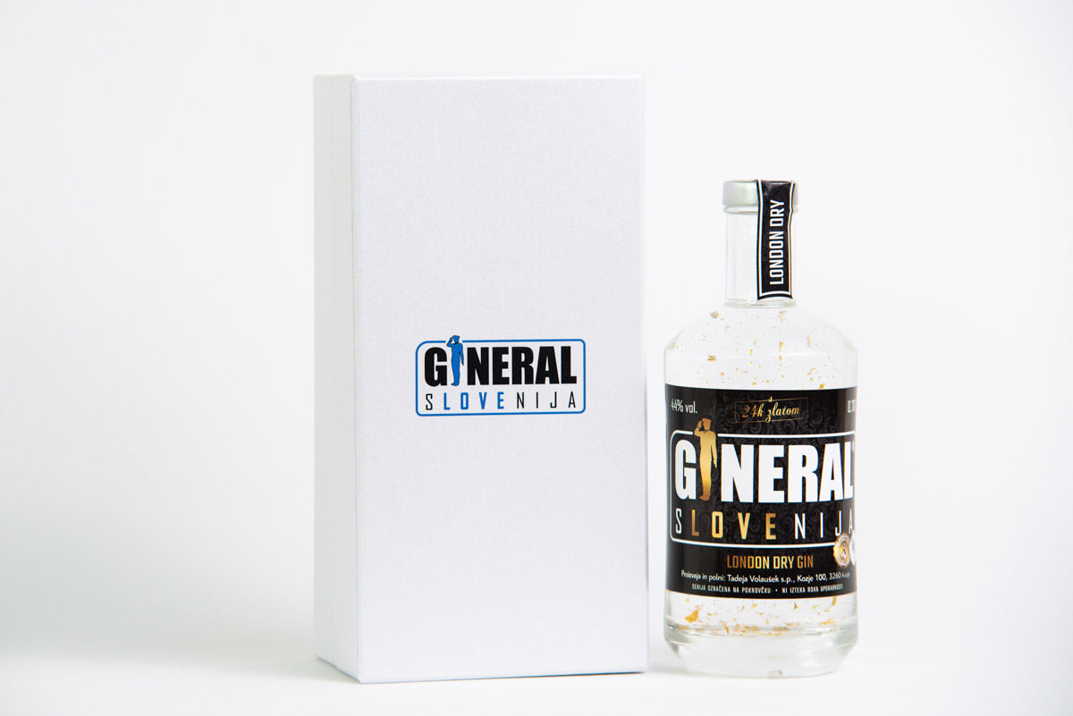 Bottle of General Slovenija London Dry Gin next to a white box with the General Slovenija logo on it.
