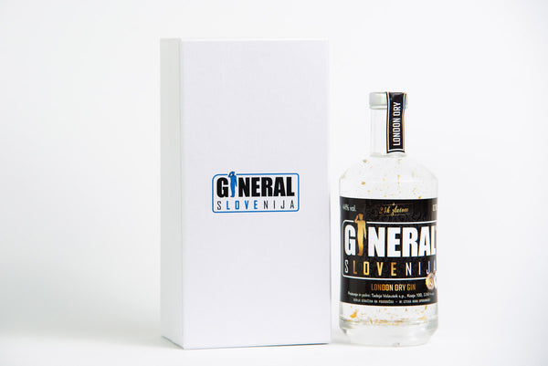 Bottle of General Slovenija London Dry Gin next to a white box with the General Slovenija logo on it.