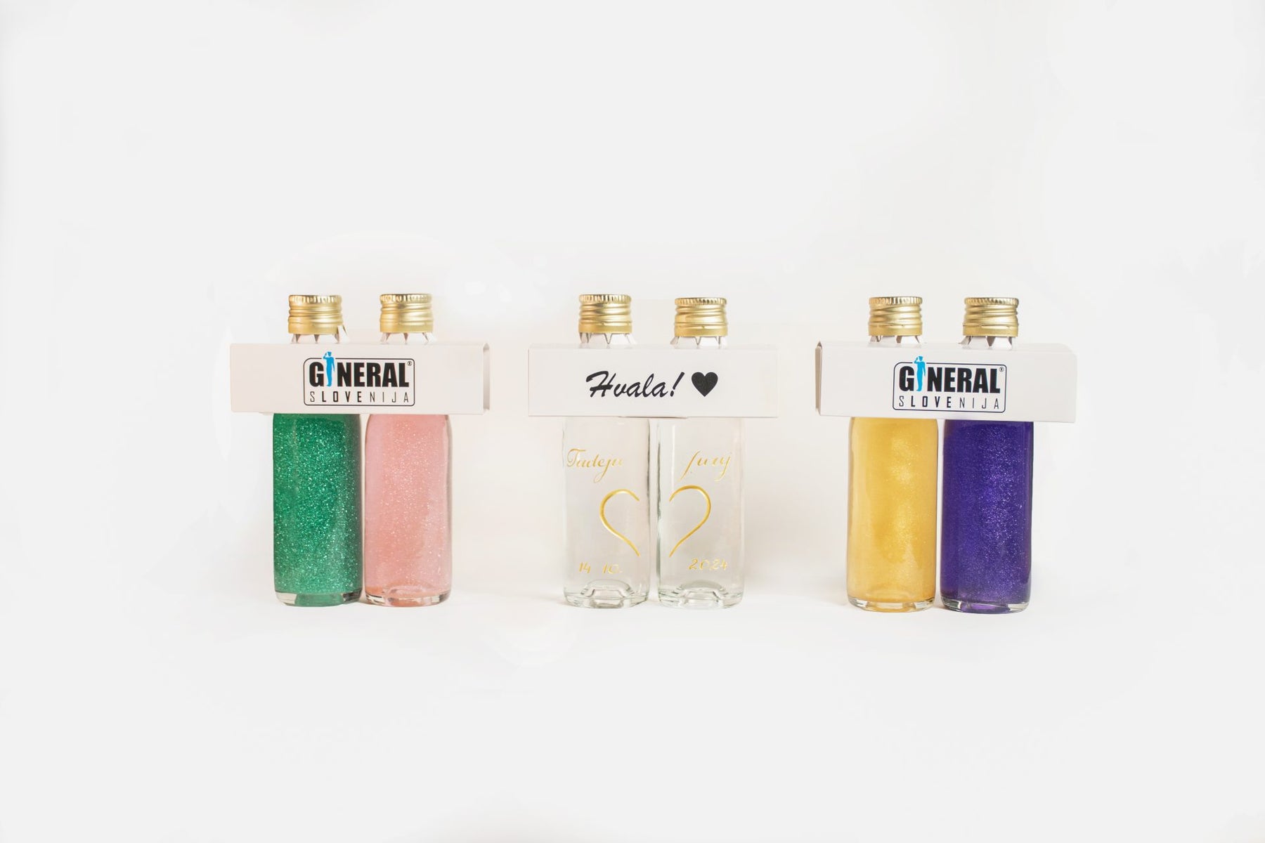 Rows of glittery nail polish bottles in green, pink, white with gold caps and white packaging in a bright display.