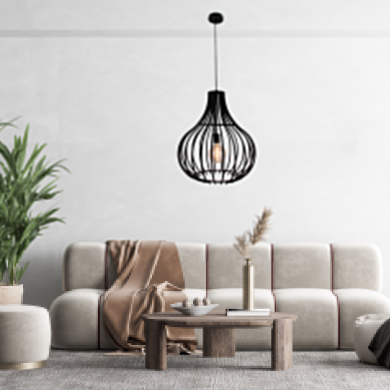 Bijzondere detailfoto van de zwarte Goccia hanglamp. Deze moderne lamp voegt flair en karakter toe aan elke ruimte.