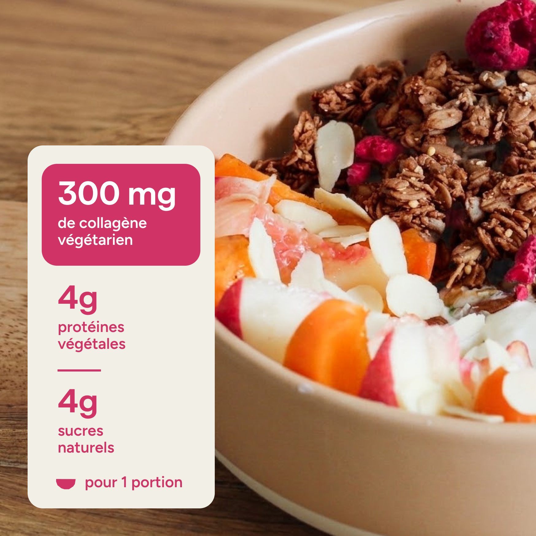 Granola au collagène : 300mg collagène, 4g protéines végétales, 4g sucres naturels par portion